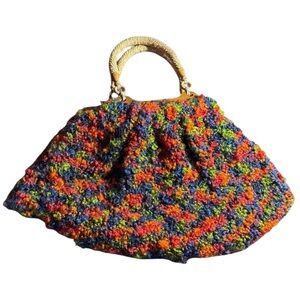 Hand-knitted Vtg.Boho Bag w/Raffia Handles Chunky Yarn Fully Lined Cottagecore